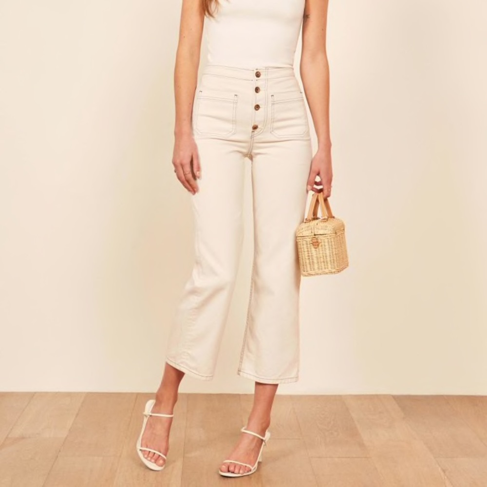 Petite Eloise Jean Ivory Wide Leg Button Front